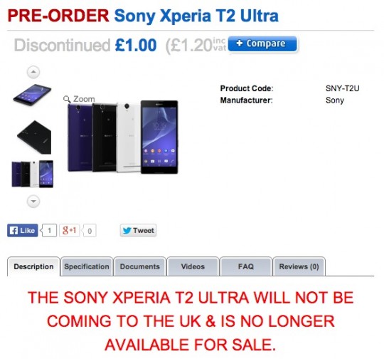 英国でのXperia T2 Ultraの販売がキャンセルされました